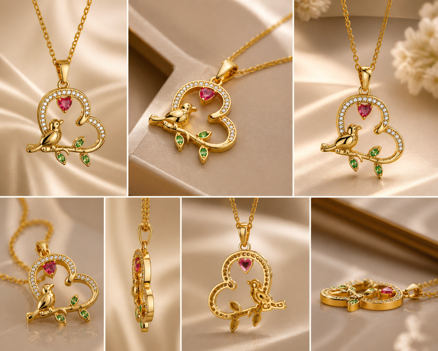 Bird in heart gold necklace