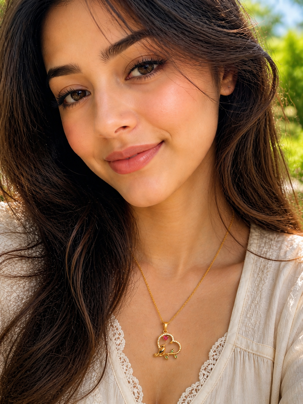 Bird in heart gold necklace