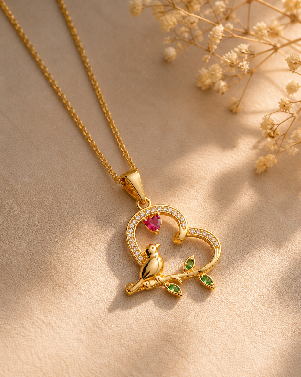 Bird in heart gold necklace