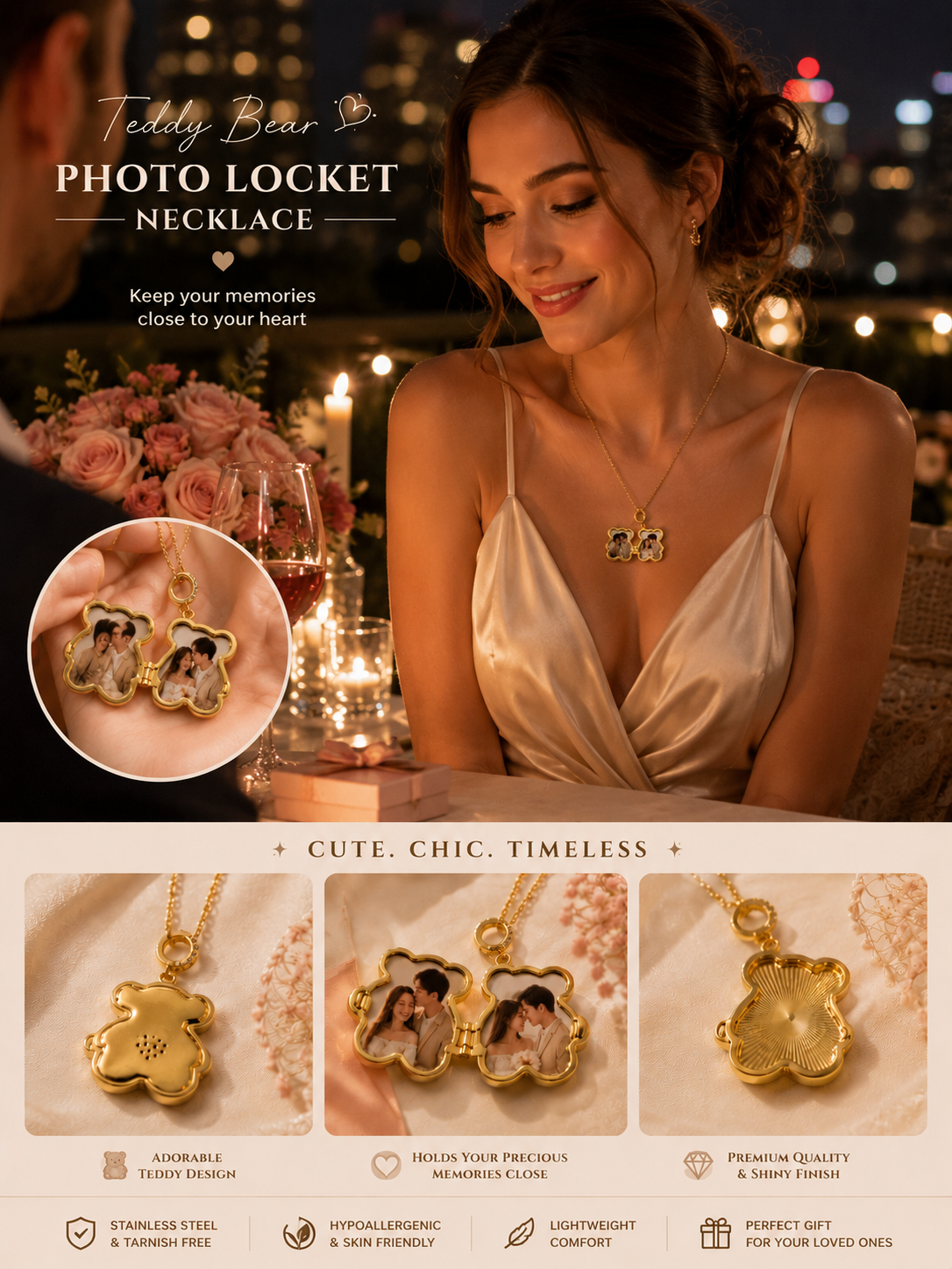 Teddy pendant photo locket necklace