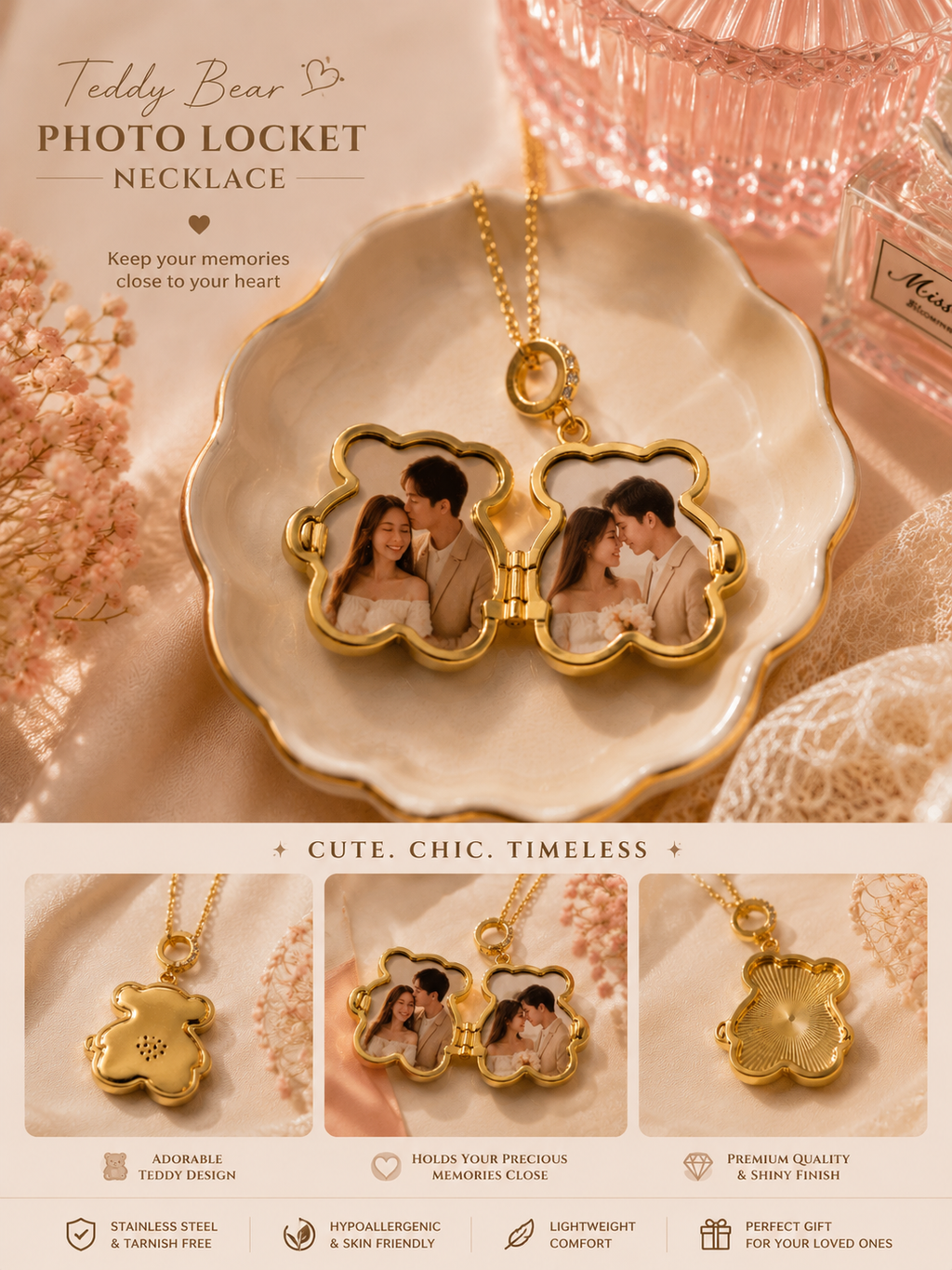 Teddy pendant photo locket necklace